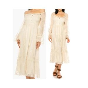 Cottagecore Cream Swiss Dot Boho Midi Dress L Puff Sleeve Victorian Peasant NEW